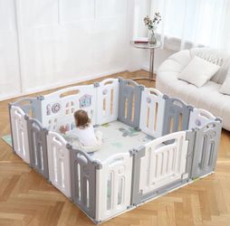Baby Playpen Kids Activity Centre Safety Play Yard Home Indoor Outdoor New Pen (14panels White Grey)with Floor May