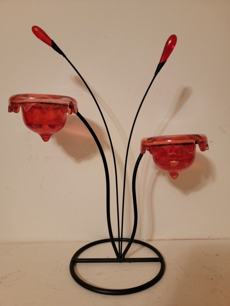 13 Inch Black Iron & Red Drip Candle Holders