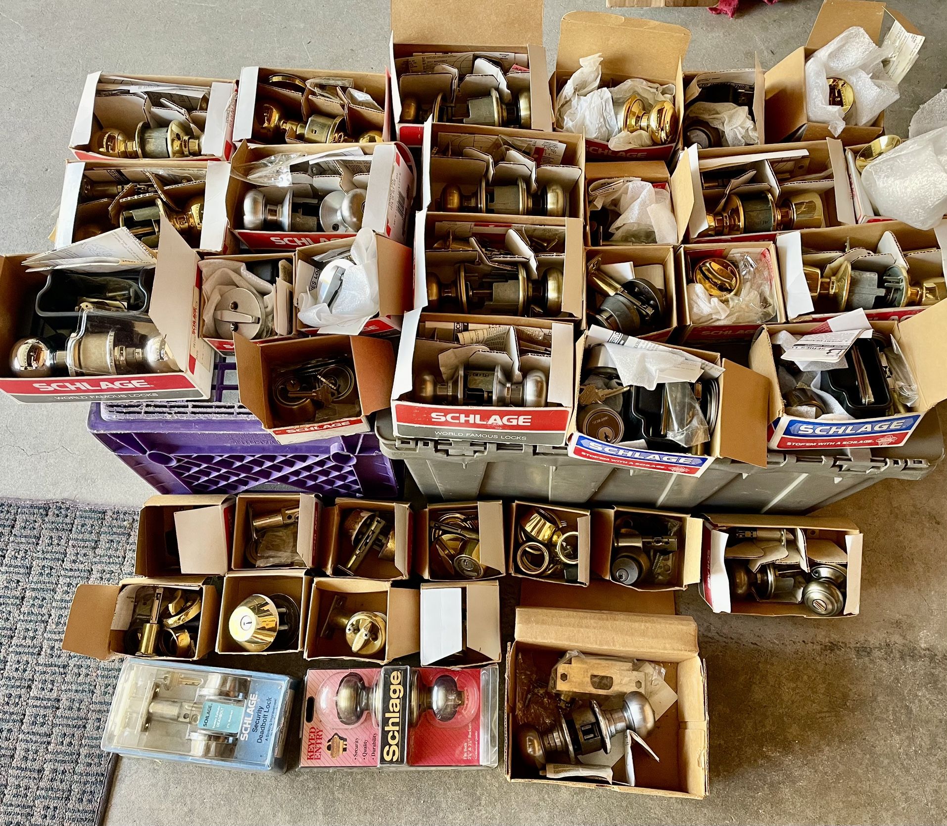 22 New Schlage Door Security Items, 10 boxes of similar used schlage + parts