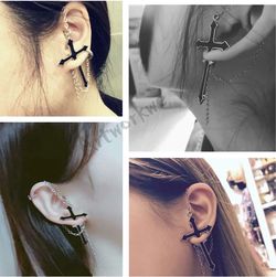 Black Cross Ear Cuff with Chain Earring