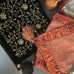 Table Liners - Black Velvet with Gold Embroidery & Red Damask Trim