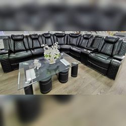Black Breathing Leather Recliner Sectional sofa set