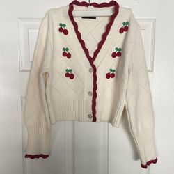 CIDER Cherry Embroidered Cardigan Sweater, Size Small