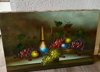 Vintage 60s mid century moody still life oil painting large original art of fruit and decanter