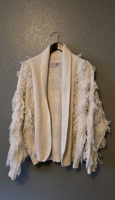 Maurada Textured Ruffle Feather Knit Cardigan, Cozy Cream Sweater Jacket, Large