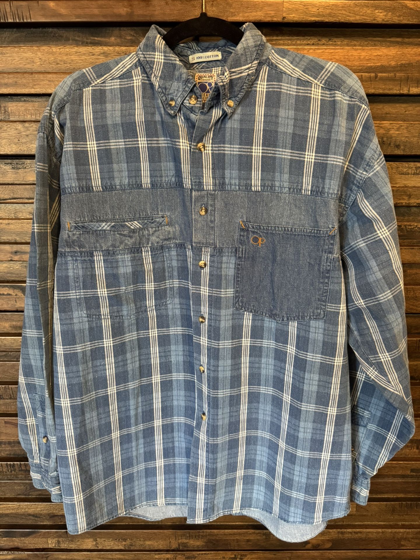 Vintage Checkered Plaid Denim Patch Ocean Pacific Long Sleeve Button Shirt SML