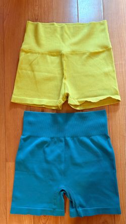 Set of 2 High Waist Ribbed Seamless Biker Shorts Yellow & Teal Blue Large