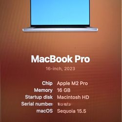 2023 Apple MacBook Pro with M2 Pro Chip (16.2-inch, 16GB, 512GB SSD Storage) 