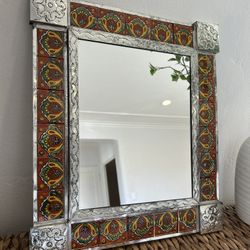 Vintage Mexican Mirror Handcrafted Rustic & Talavera Wall Hanging Tin Folk Art Collectible Artwork 
