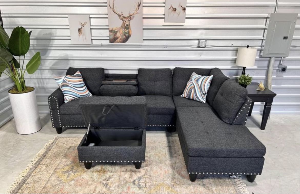 New Dark Gray Sectional Sofa Charcoal Couch With Free Storage Ottoman And Pillows