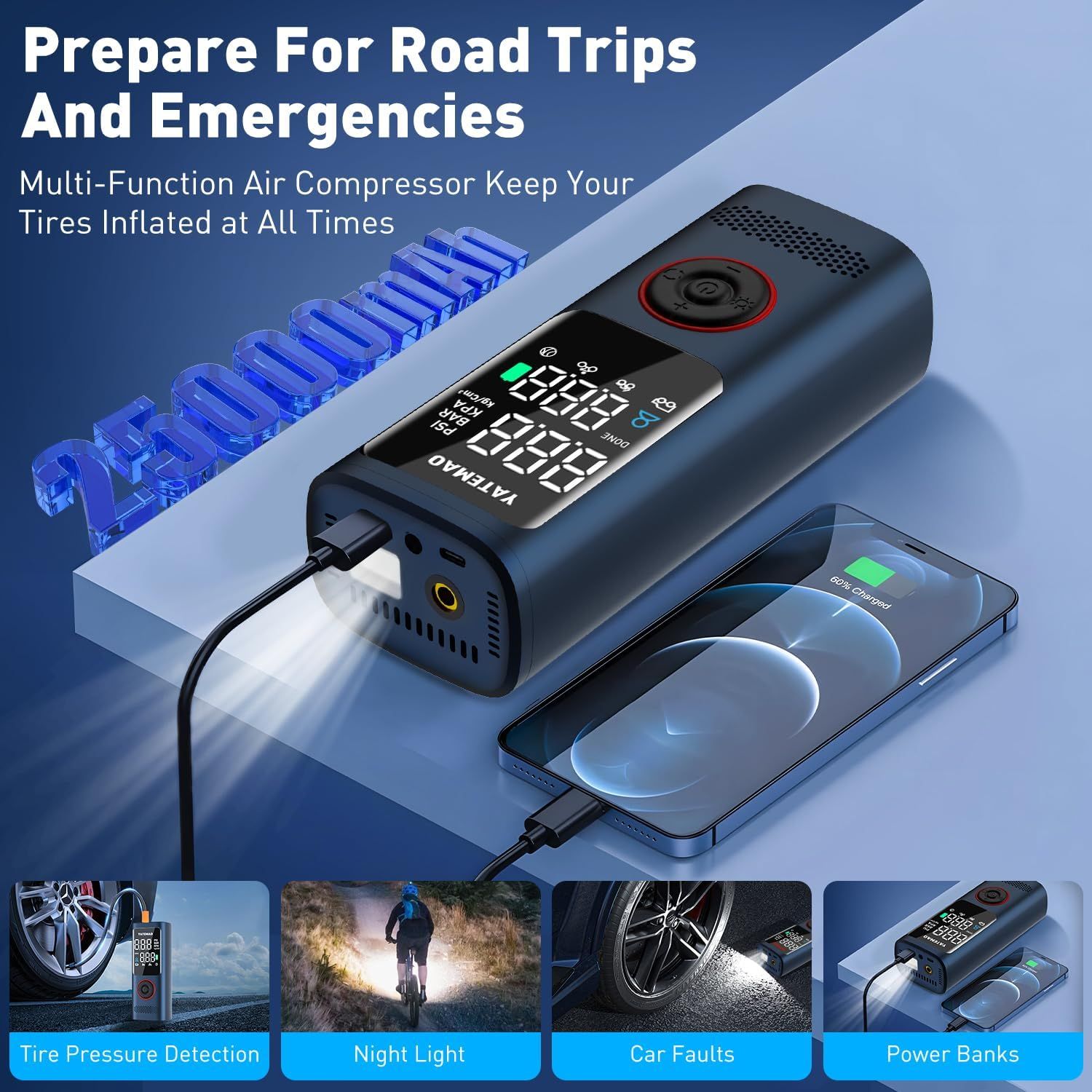 YATEMAO Cordless Tire Inflator - 25000mAh Portable Air Compressor, 160PSI Fast Pump For Car, Bike, Motorcycle & Balls - View #7