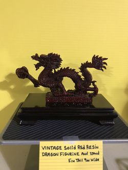 Vintage Solid Red Resin Dragon Figurine With Stand 5 Inches Tall 9 Inches Wide