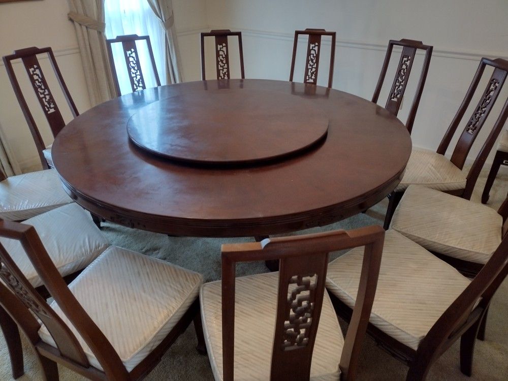 72 Inch Chinese  Dining Table With Lazy Susan And 14 Matching Chairs