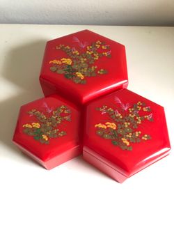 Vintage 1970s Red Hexagonal Nesting Trinket Boxes – Set of 3 made in Hong Kong (Plastic)