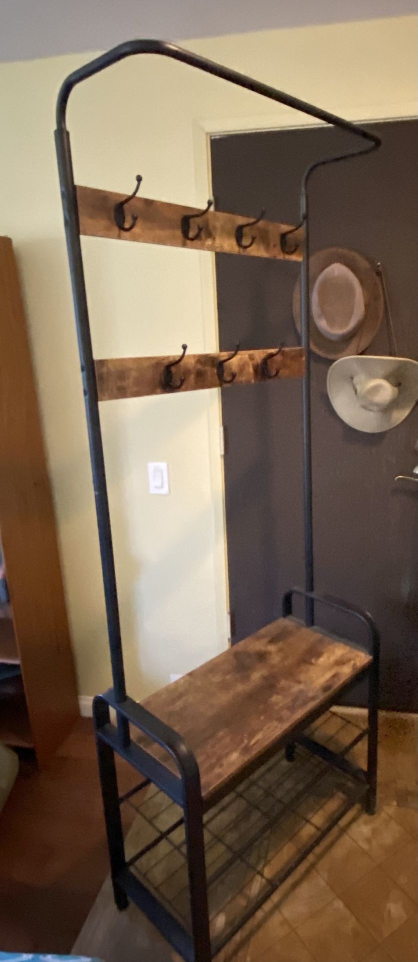 Wood Entry Way Stand with Bench, Hang Jackets, Hats And Coats 