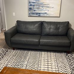 Beautiful Mid-Century Modern Grey Leather Couch