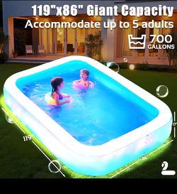 Cool Off! New DanRelax 119"x84"x17" Family Inflatable Pool W/ LED Lights & Electric Air Pump