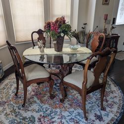 Antique Style Glass Top Dinette Table W/ 4 Chairs & Glass Top Ornate Coffee Table