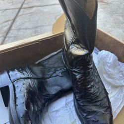 LADIES (LUCCHESE) VINTAGE FULL OSTRICH BLACK/CHERRY MID CALF SQUARE TOE BOOTS SIZE 10B