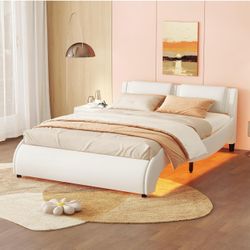 Queen Bed White Faux Leather - NIB