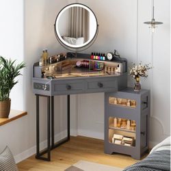 Corner Vanity Desk with Mirror and Lights