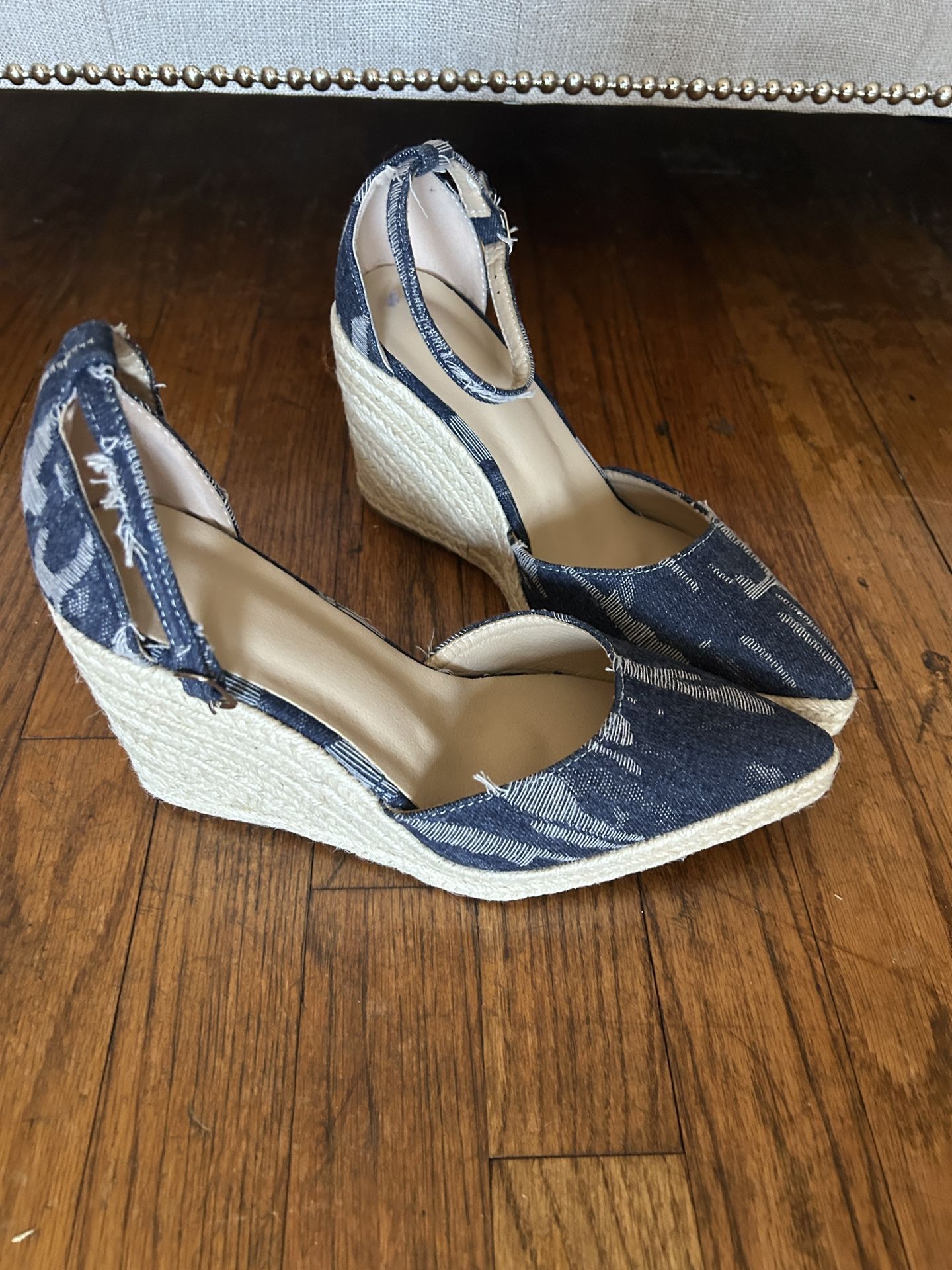 NEW Ladies Blue Canvas Wedge Heel Shoes Size 8.5/9