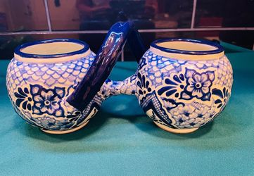 Beautiful and unique piece of Mexican Talavera pottery with 2 connecting pots/bowls