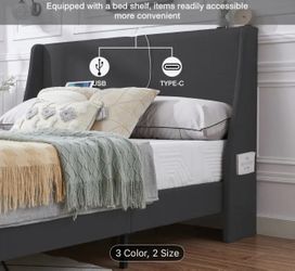 Wing back Queen Upholstered dark grey Bed Frame
