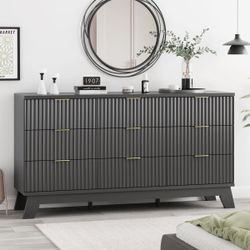 New Fluted Dresser for Bedroom with 9 Drawers, 57" Wide Modern Chest of Drawers with Metal Handle, Wooden Dresser TV Stand, Wood Closet Clothes Storag