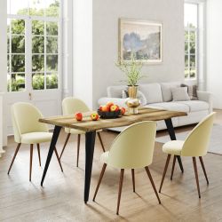 Homy Casa Lancelot 5PC Dining Set 63” Walnut Table with 6 Haven Beige Upholstered Chairs