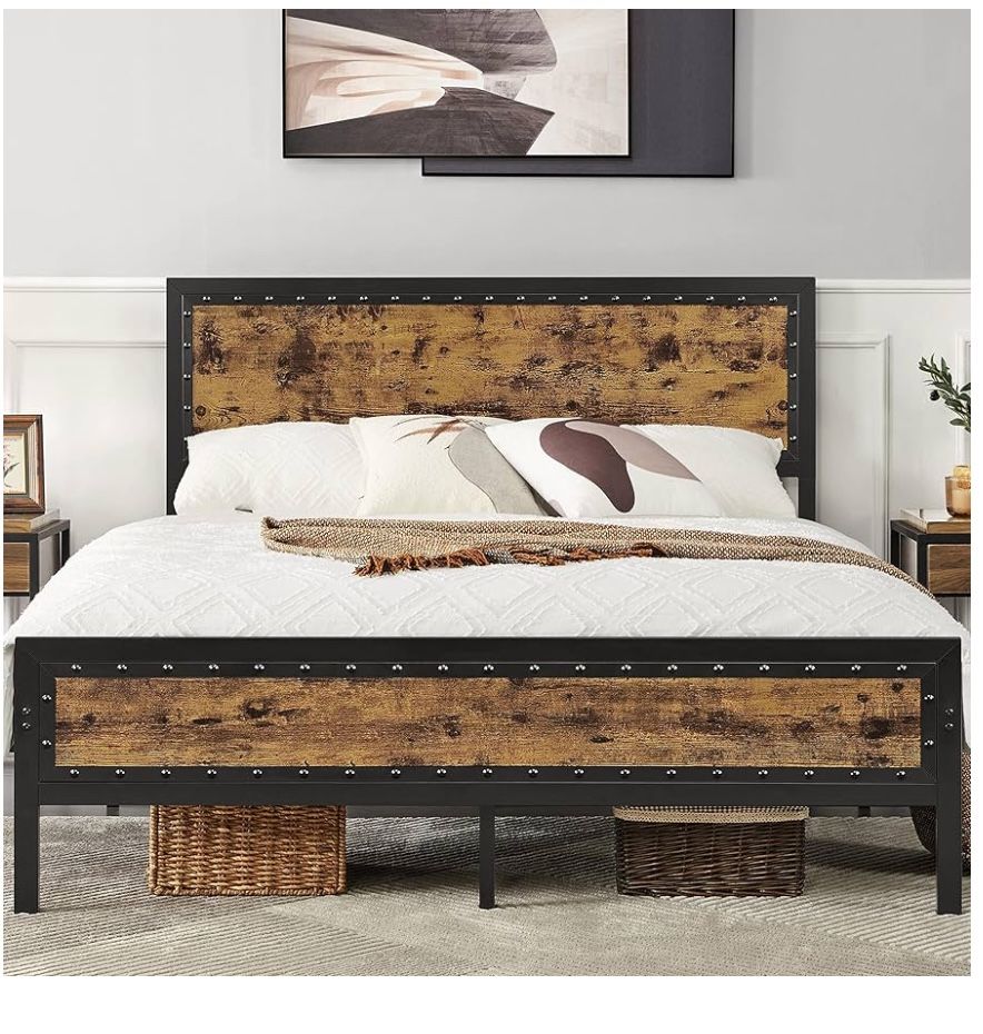 Metal Bed Frame Queen Industrial Wooden Platform Bed with Rivet Headboard No Box Spring Needed unique