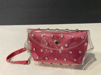 Victoria's Secret clear vinyl wrist purse pink satin lining studs & rhinestones