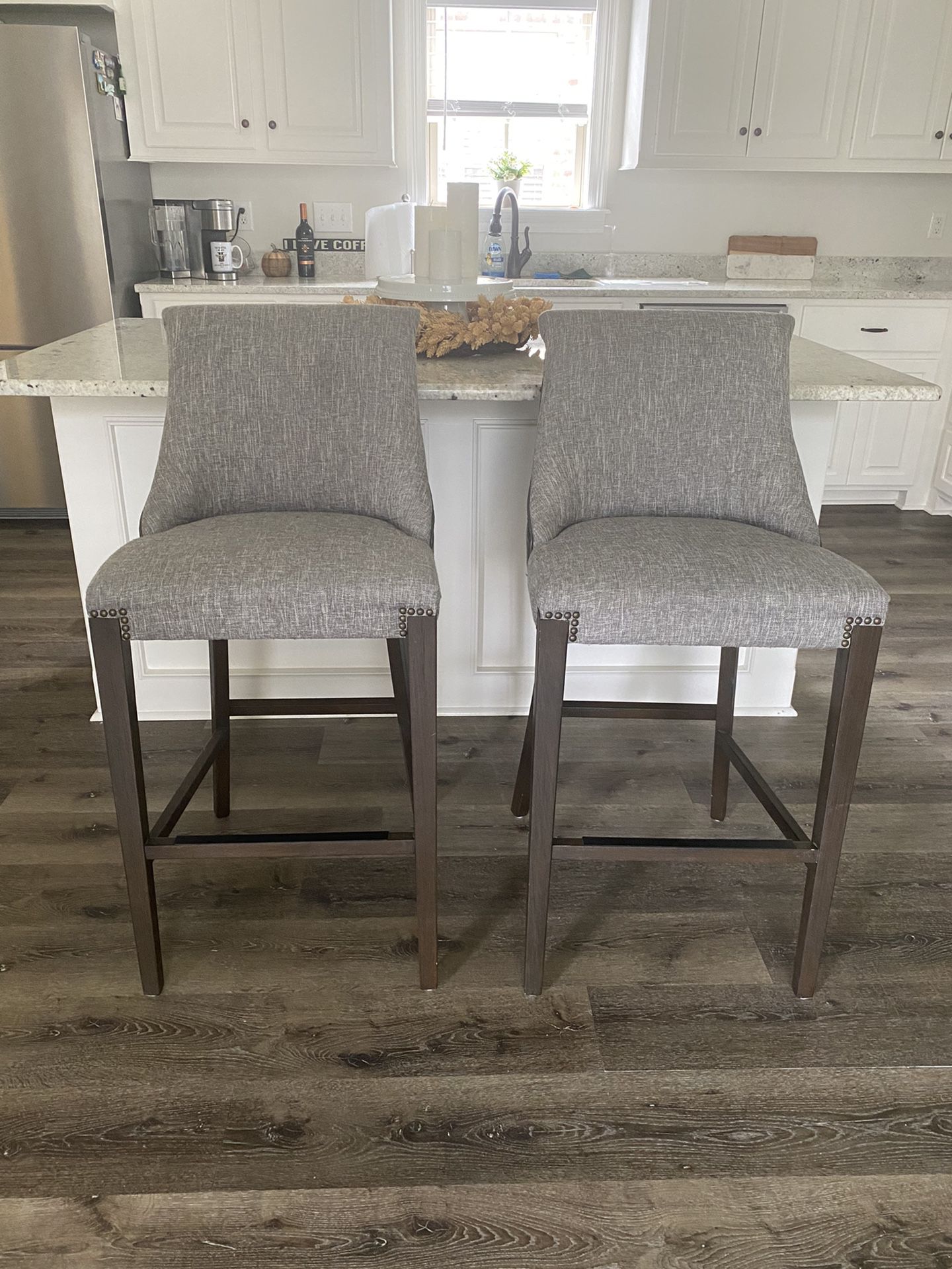 Gray Fabric And Leather Bar Stools - Excellent Condition