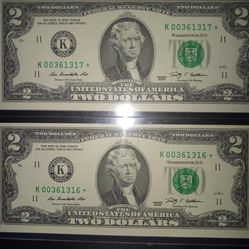 $2 dollar bills 2009 serie K[Dallas] consecutives numbers  with star Uncirculated 