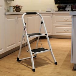EFINE 2 Step Ladder, Slim Folding Design Step Stool, High Grade Steel with Smooth Powder Coating, Sturdy and Lightwight, Holding up to 330lbs. (White 