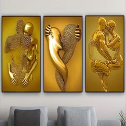 3pcs/set Art Canvas Print Posters, Golden Couple Body Canvas Wall Art Paintings, Artwork Wall Painting For Living Room Bedroom Bathroom Office Hallway