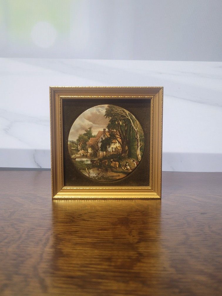 Vintage Harleigh China Staffordshire Framed Ceramic Plaque - Constable-Inspired English Rural Cottage & River Scene, Handmade 1971