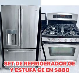 36-inch-wide refrigerator and 5-burner stove set in excellent condition, with a 30-day warranty.