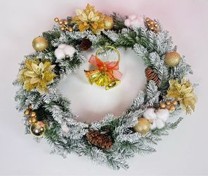 Luxury 22” Flocked Christmas Wreath | Gold Poinsettias & Triple Bells