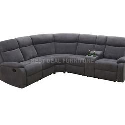 Gray corduroy fabric reclining couch