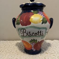 Country, Tuscan Style Vintage hand-painted Nonni's Biscotti ceramic cookie jar with a fruit motif.