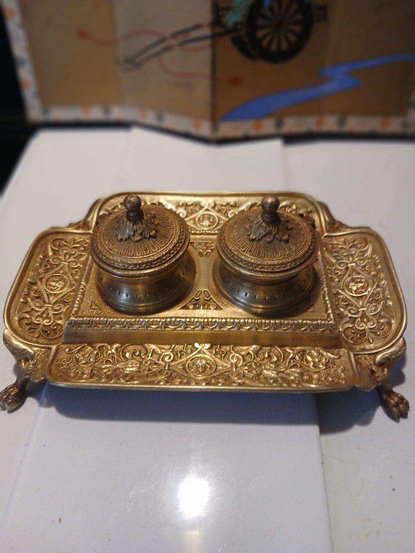 Antique Brass (Possibly French) Double Inkwell
