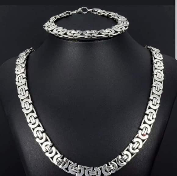 **NEW** Silver Stainless Steel Flat Byzantine Link Chain & Bracelet Set