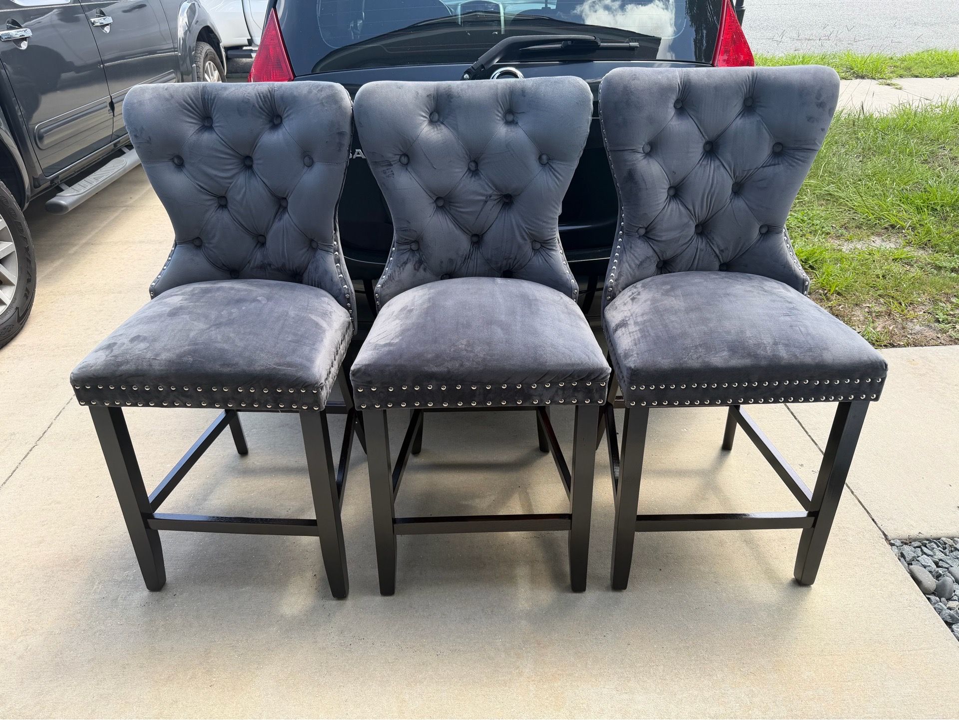 Set of 3 Grey Velvet Tufted Bar Stools with Nailhead Trim