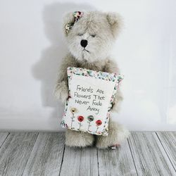 8" Mia Goodfriends Boyd's Collection 1 Beige Bear with Floral Pillow that Reads Friends Are The Flowers That Never Fade Away from the Thinkin'