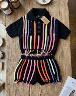 Black Knit Two-Piece Set with Neon Stripes