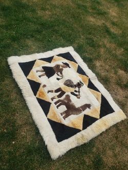 Vintage 70s RARE Beautiful Handmade Alpaca Llama Folk Art Fur Rug Wall Hanging