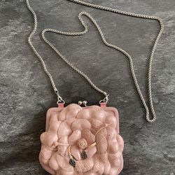 Vintage Brighton Small Purse Shoulder Bag Pink Leather Roses Silver Chain Rare Antique Collectors Item