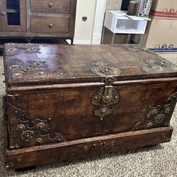 Antique Handmade Chest with Separate Base with Iron Strappings & Embellishments