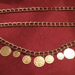 Vintage 1980s 1990s, Chunky Gold Tone Metal Chain Belt with Alexander the Great and Cristobal Colon Coins, Adjustable Size S-M/L.  Length: 35.5".